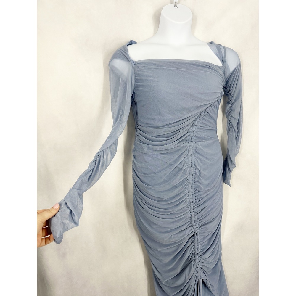 Club L London Maternity Blue Ruched Asymmetrical Mesh Midi Dress Size 10 Glam - Picture 3 of 9